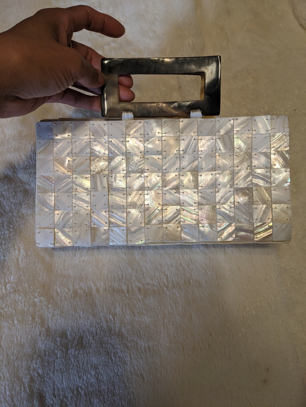 Mother of Pearl Mosaic Clutch with Metallic Handle